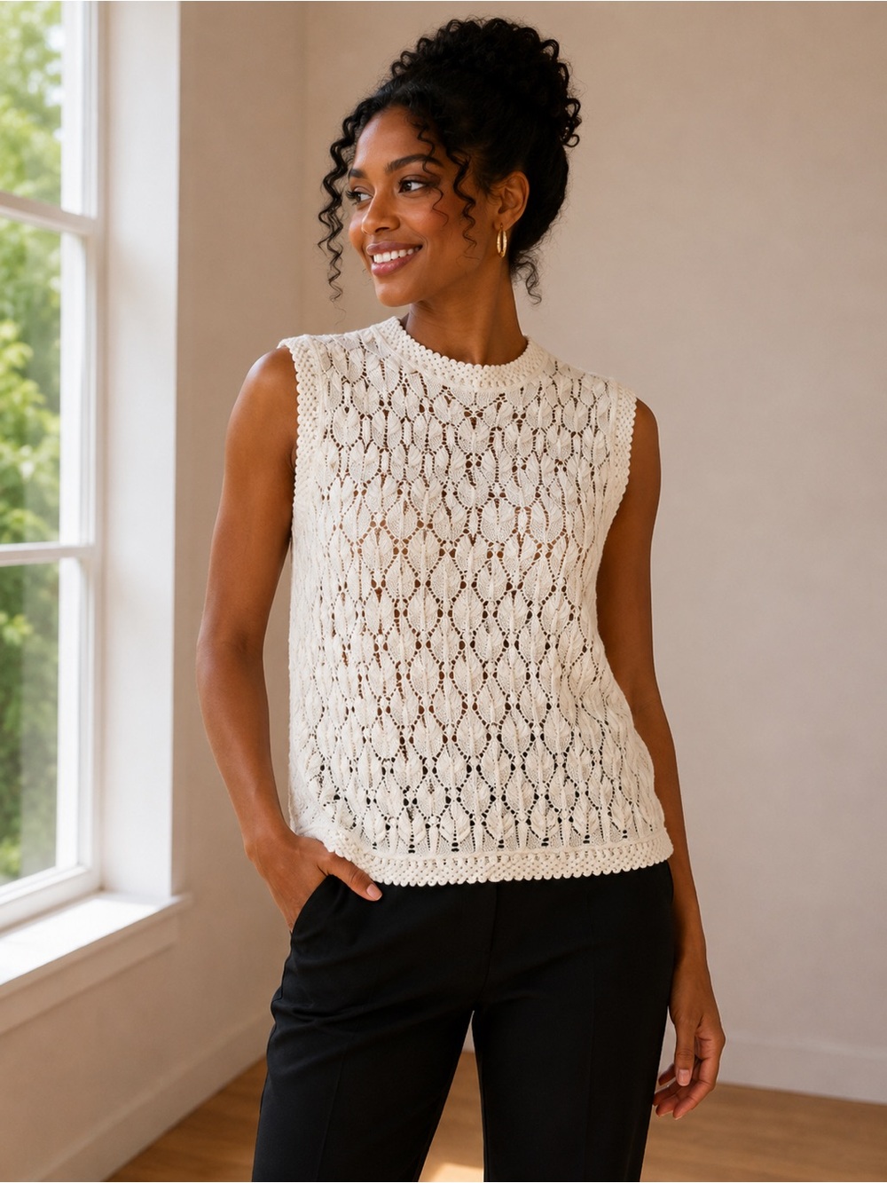 Vintage Lane Bryant Cream Crochet Shell Top